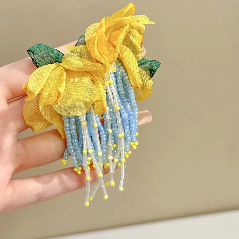 Wholesale Fabric flower super fairy handmade beaded fairy small fresh flower silver needle earrings