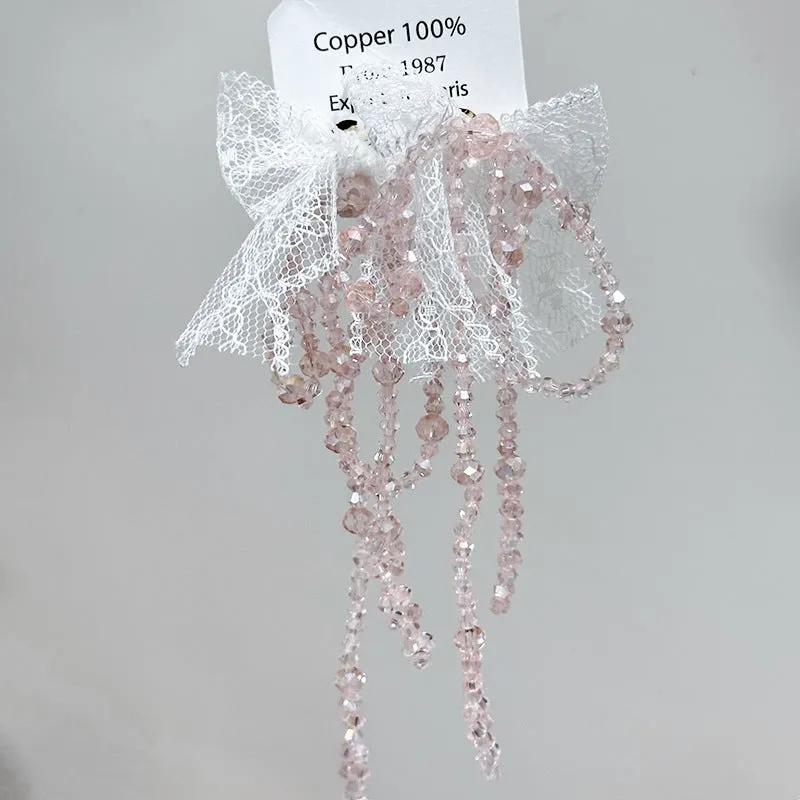 Wholesale Fabric flower super fairy handmade beaded fairy small fresh flower silver needle earrings