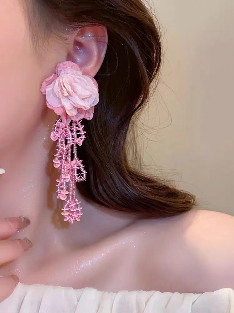 Wholesale Fabric flower super fairy handmade beaded fairy small fresh flower silver needle earrings