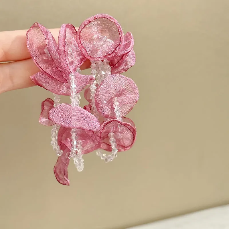 Wholesale Fabric flower super fairy handmade beaded fairy small fresh flower silver needle earrings