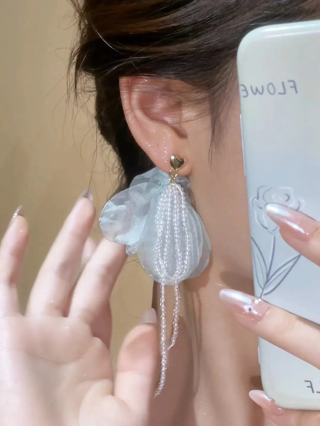 Wholesale Fabric flower super fairy handmade beaded fairy small fresh flower silver needle earrings