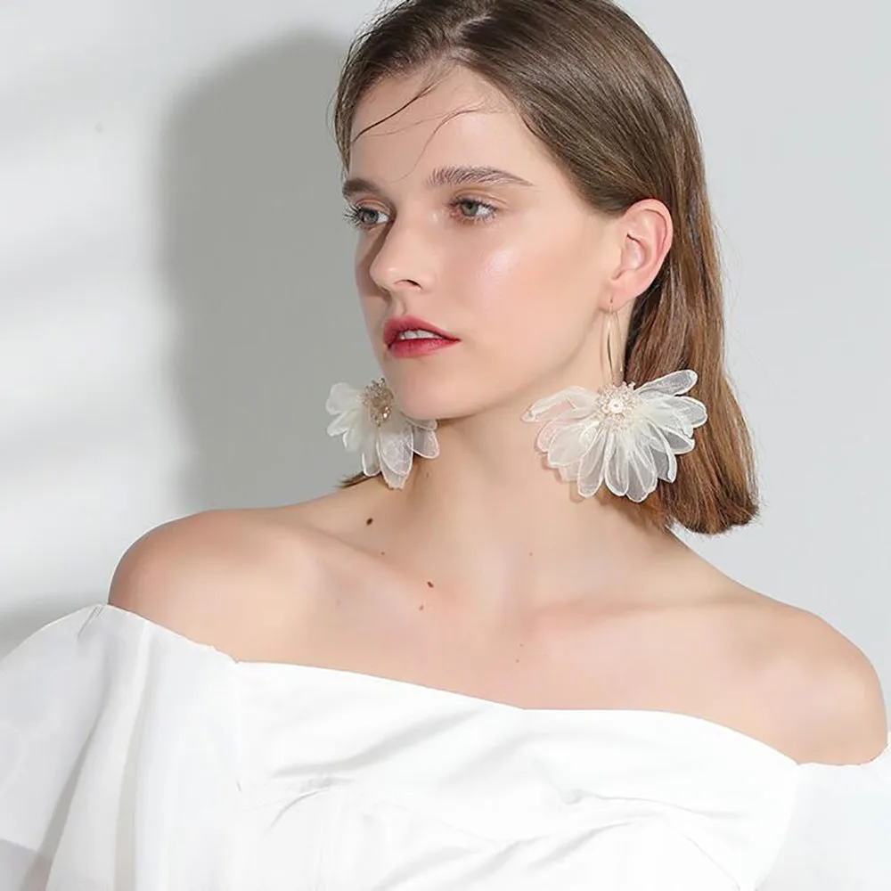 Wholesale Fabric Large Petal Flower Earrings