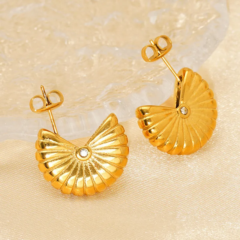 Wholesale Fan-shaped threaded titanium steel earrings for women, geometric vertical stripes earrings