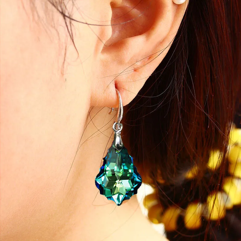 Wholesale Fashion Baroque Leaf Silver Plated Needle Austrian Crystal Tourmaline Maple Leaf Earrings