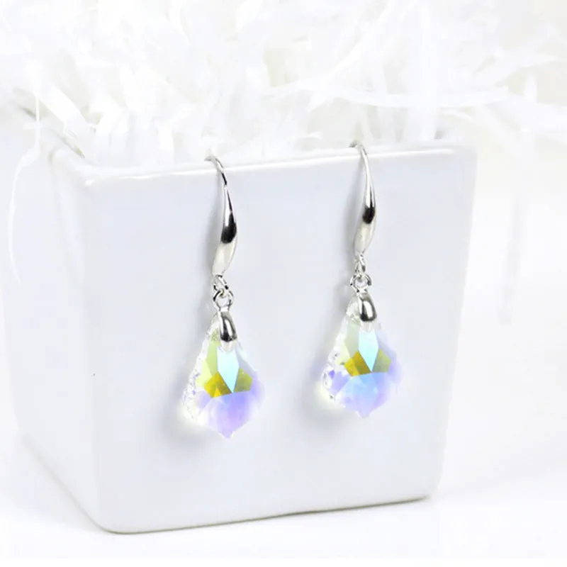 Wholesale Fashion Baroque Leaf Silver Plated Needle Austrian Crystal Tourmaline Maple Leaf Earrings