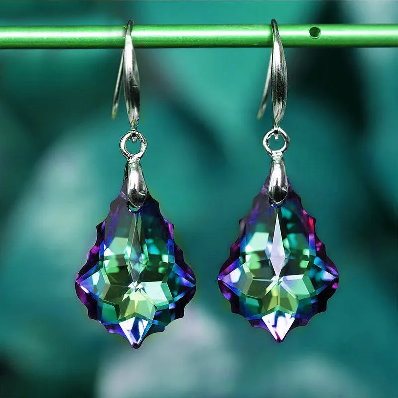 Wholesale Fashion Baroque Leaf Silver Plated Needle Austrian Crystal Tourmaline Maple Leaf Earrings