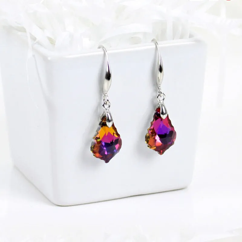 Wholesale Fashion Baroque Leaf Silver Plated Needle Austrian Crystal Tourmaline Maple Leaf Earrings