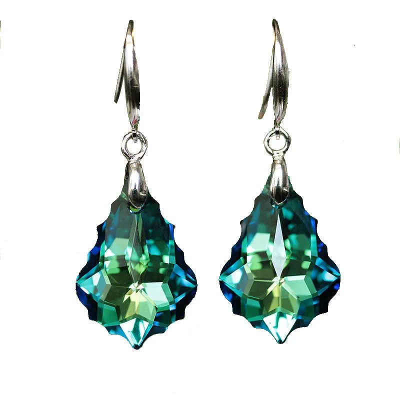 Wholesale Fashion Baroque Leaf Silver Plated Needle Austrian Crystal Tourmaline Maple Leaf Earrings