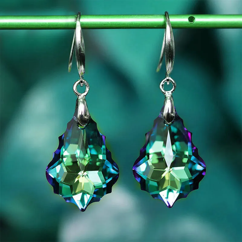 Wholesale Fashion Baroque Leaf Silver Plated Needle Austrian Crystal Tourmaline Maple Leaf Earrings