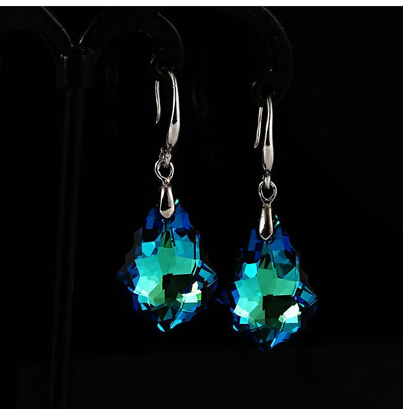 Wholesale Fashion Baroque Leaf Silver Plated Needle Austrian Crystal Tourmaline Maple Leaf Earrings