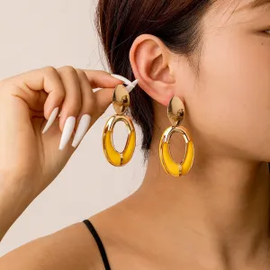 Wholesale Fashion Color Spray Paint Geometric Oval Hollow Double Layer Long Earrings