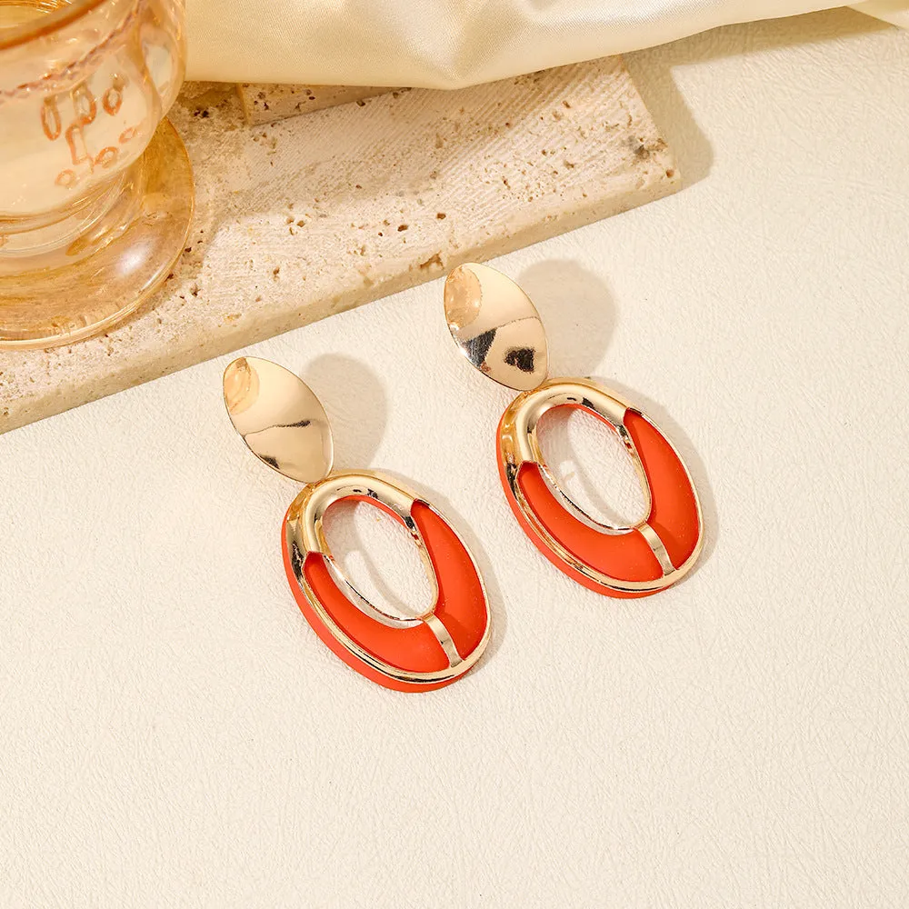 Wholesale Fashion Color Spray Paint Geometric Oval Hollow Double Layer Long Earrings