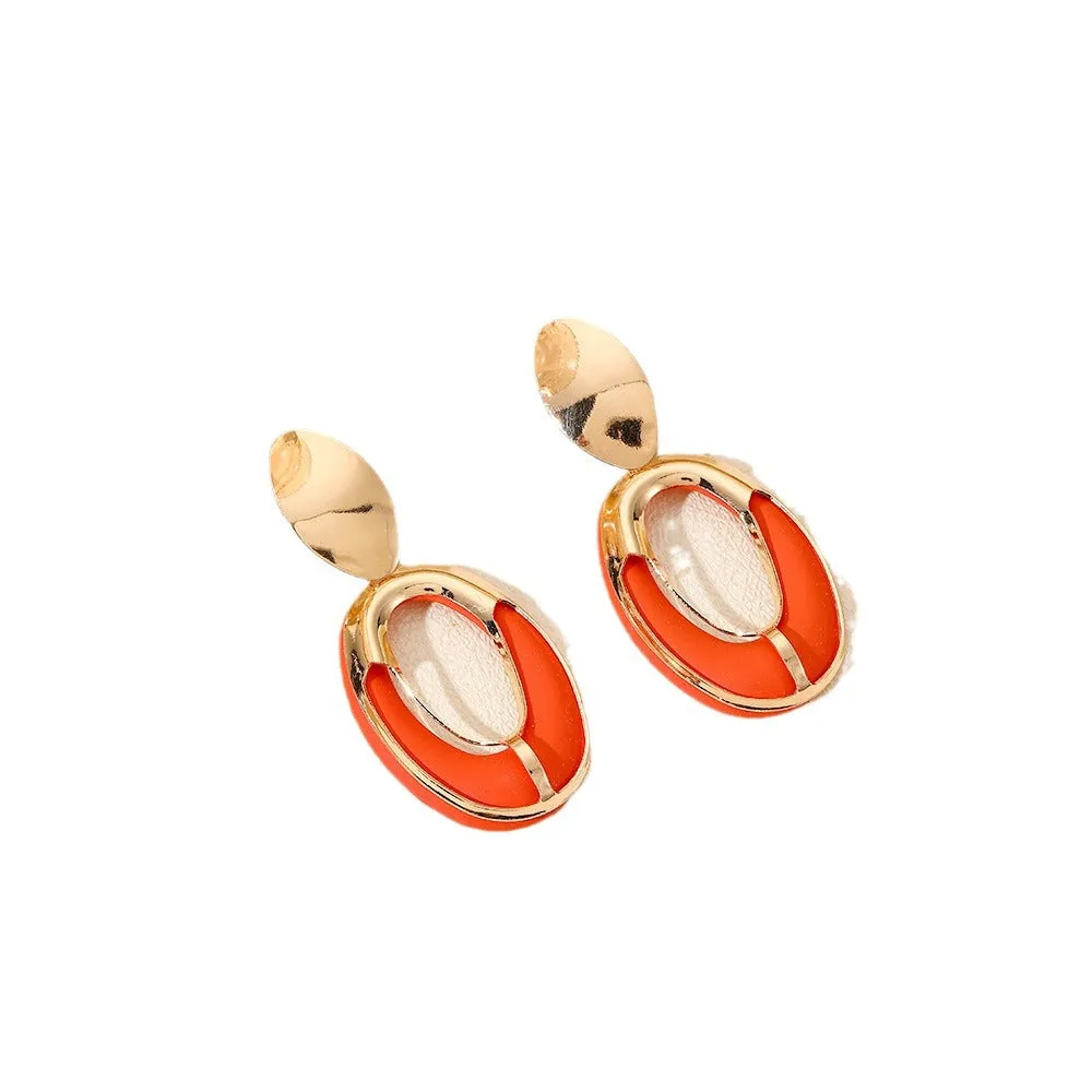 Wholesale Fashion Color Spray Paint Geometric Oval Hollow Double Layer Long Earrings