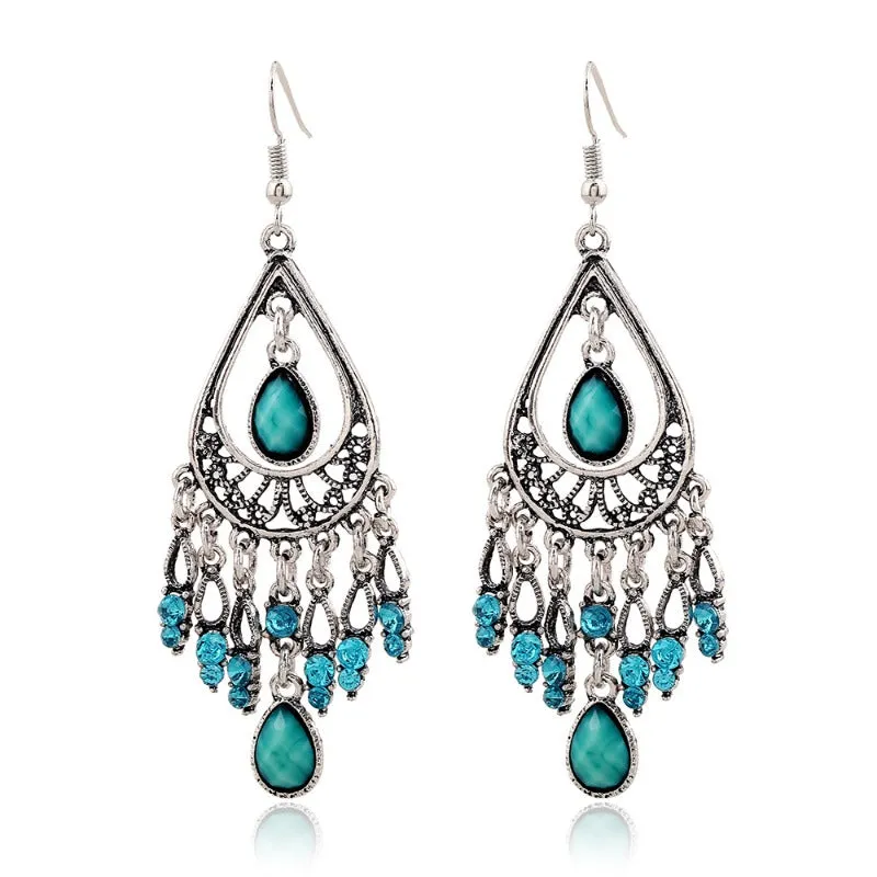 Wholesale Fashion Creative Bohemian Vintage Carved Waterdrop Gemstone Tassel Earrings