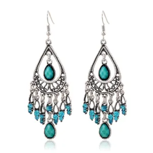 Wholesale Fashion Creative Bohemian Vintage Carved Waterdrop Gemstone Tassel Earrings