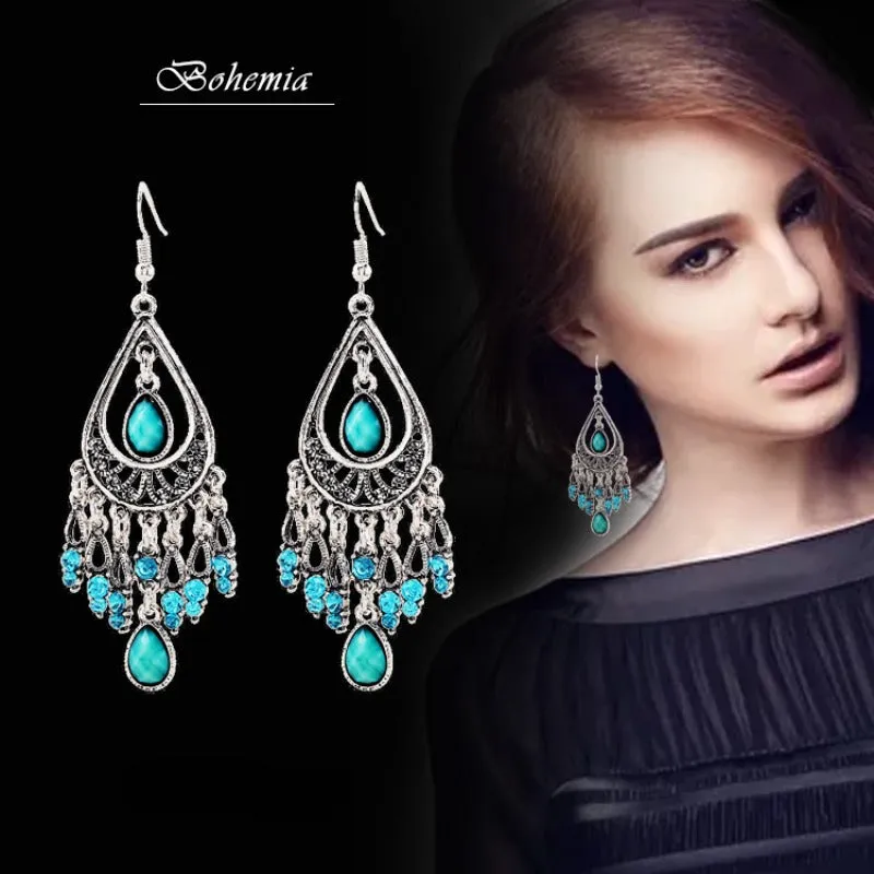 Wholesale Fashion Creative Bohemian Vintage Carved Waterdrop Gemstone Tassel Earrings