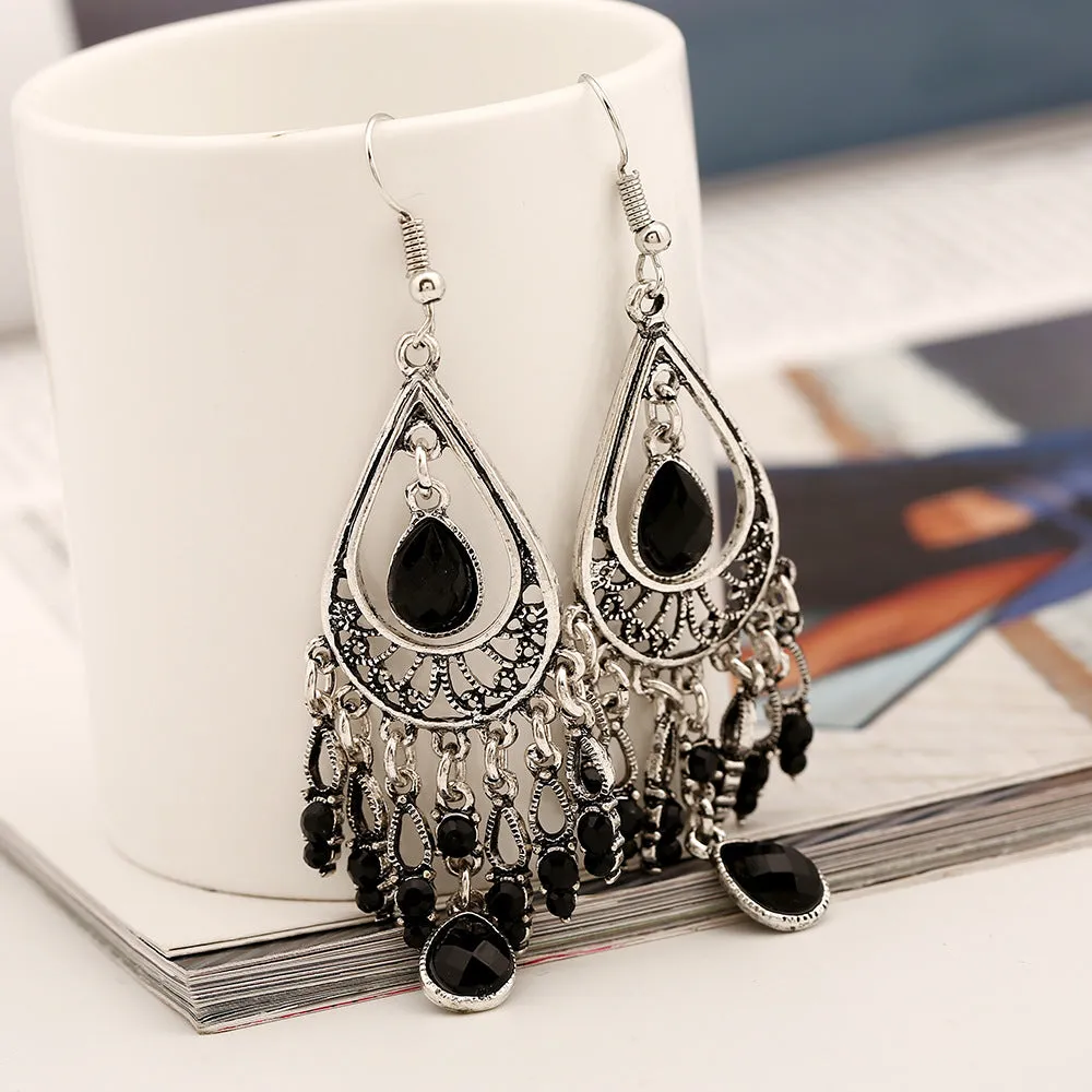 Wholesale Fashion Creative Bohemian Vintage Carved Waterdrop Gemstone Tassel Earrings