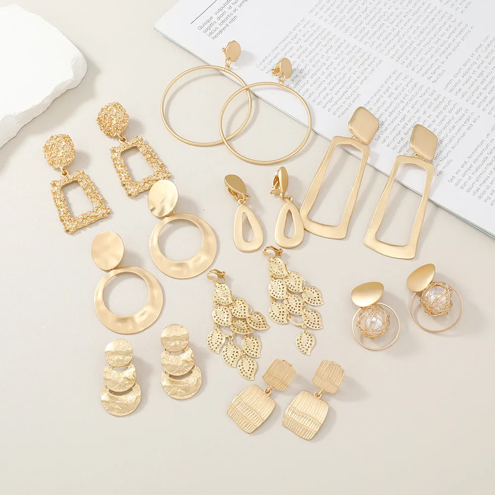Wholesale Fashion Exaggerated Alloy Geometric Electroplated Matt Gold Clip Earrings
