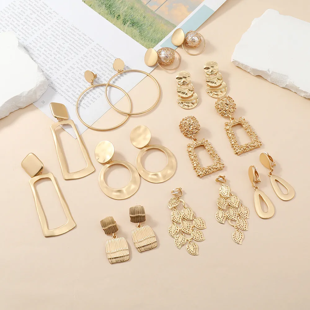 Wholesale Fashion Exaggerated Alloy Geometric Electroplated Matt Gold Clip Earrings