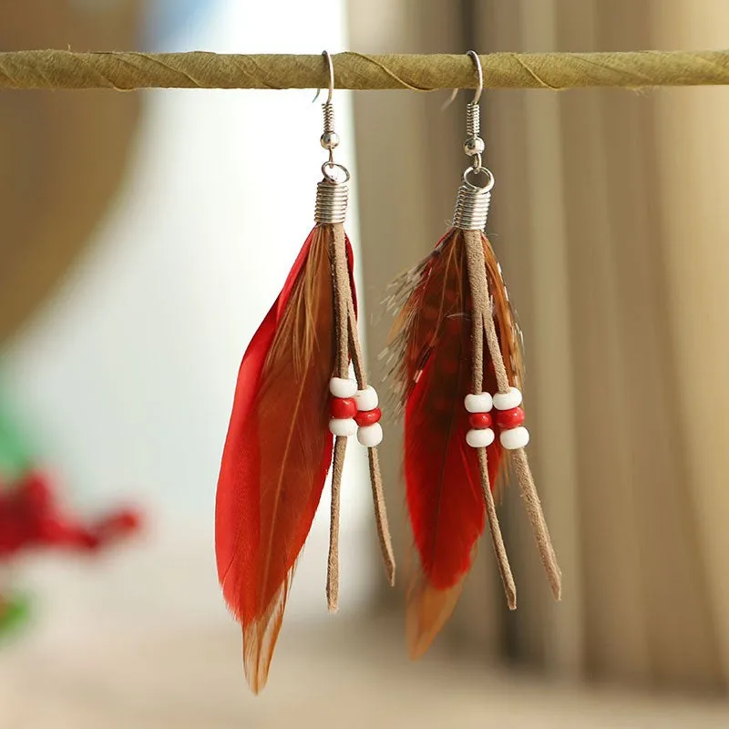 Wholesale Fashion Feather Large Exaggerated Long Retro Earrings