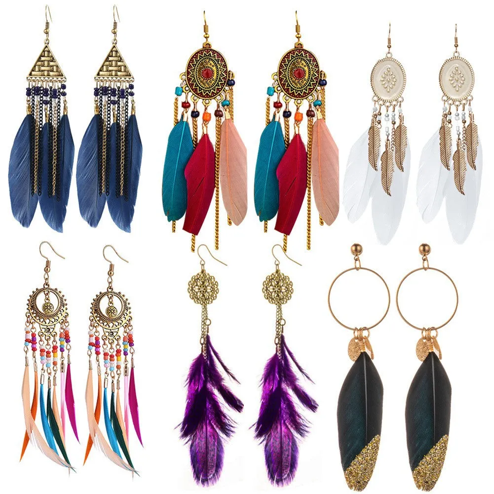 Wholesale Fashion Feather Large Exaggerated Long Retro Earrings