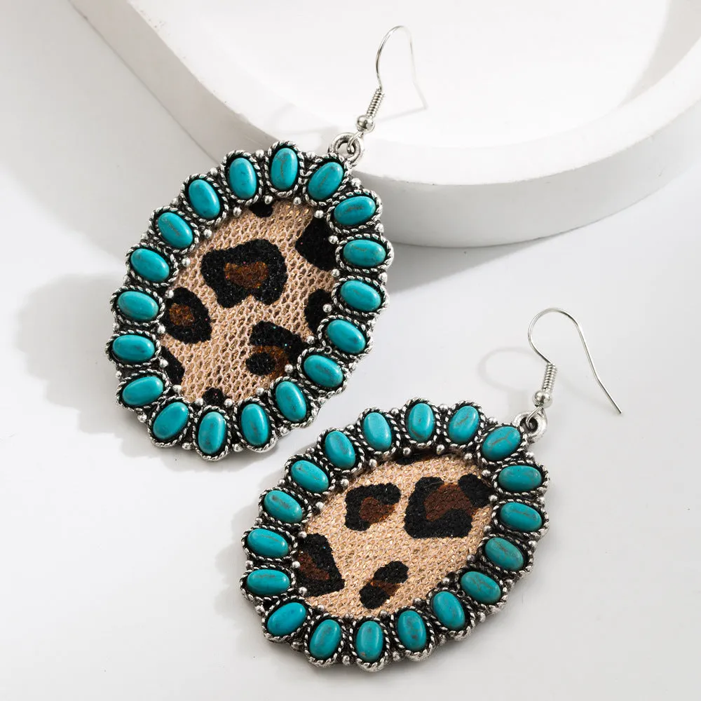 Wholesale Fashion Retro Bohemian Turquoise Leopard Ethnic Style Long Earrings