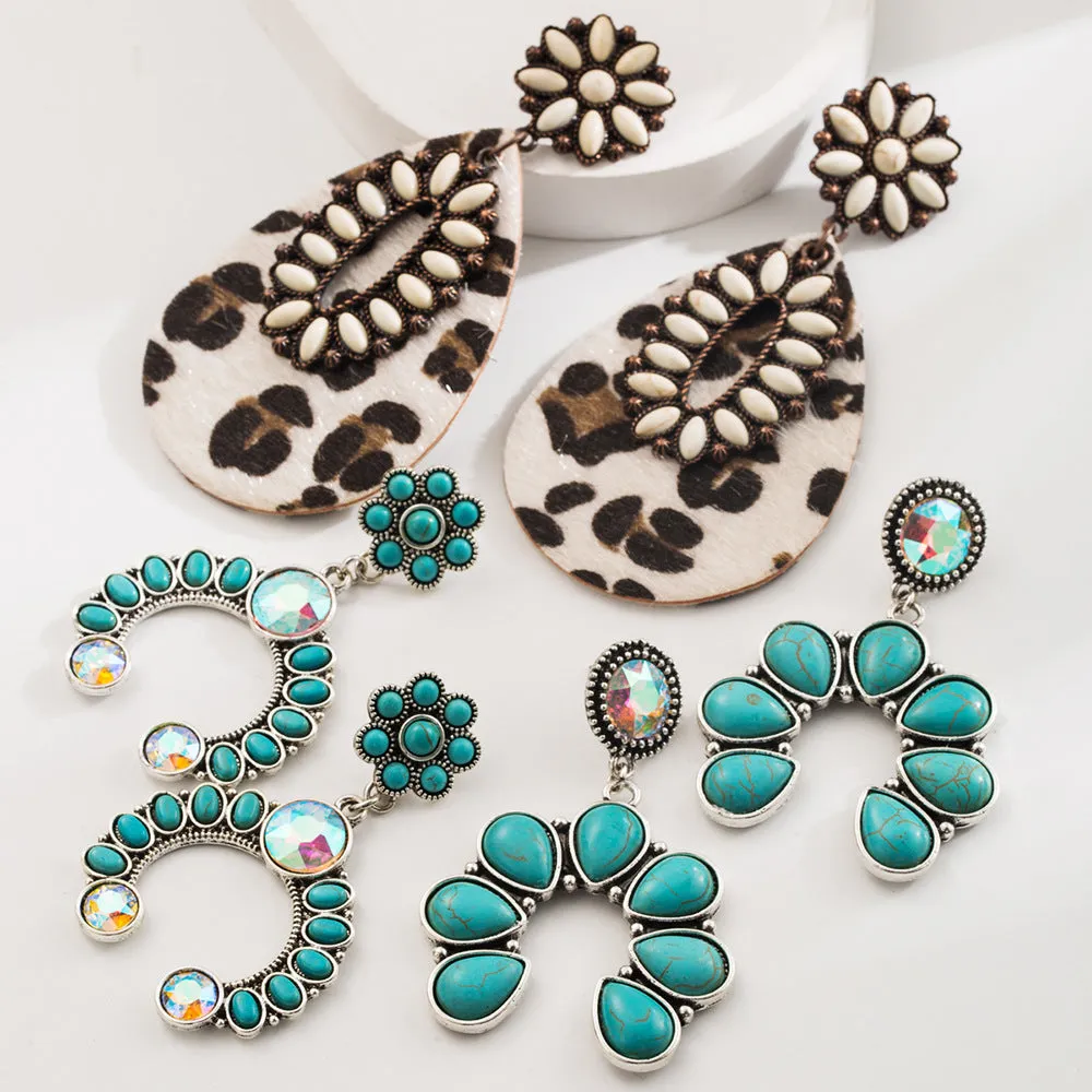 Wholesale Fashion Retro Turquoise Earrings High-end Bohemian Leopard Leather Exaggerated Earrings