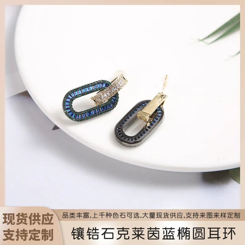 Wholesale fashion simple gorgeous romantic inlaid zircon Rhine blue oval earrings for women Valentine's Day gift