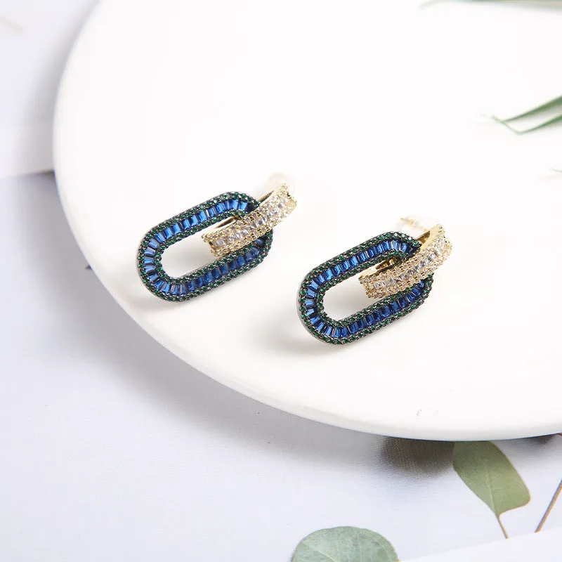 Wholesale fashion simple gorgeous romantic inlaid zircon Rhine blue oval earrings for women Valentine's Day gift