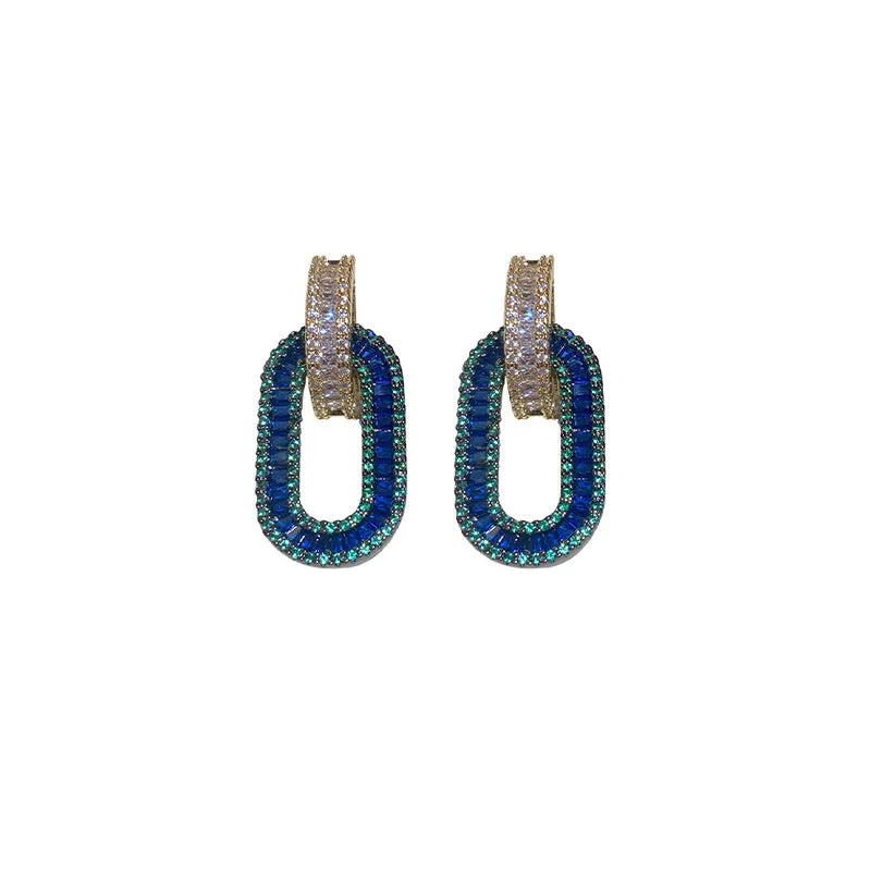 Wholesale fashion simple gorgeous romantic inlaid zircon Rhine blue oval earrings for women Valentine's Day gift
