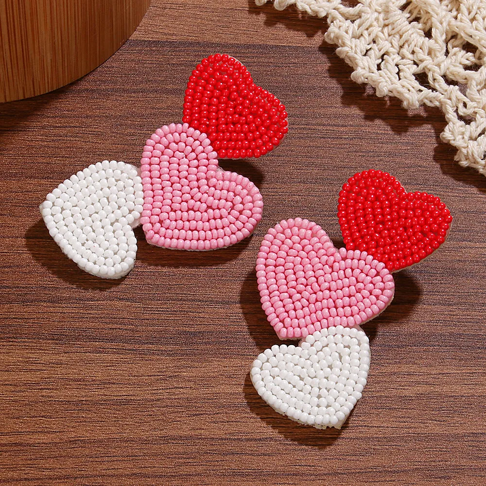 Wholesale  fashion temperament handmade three heart rice beads irregular earrings earrings Valentine's Day