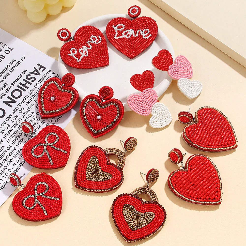 Wholesale  fashion temperament handmade three heart rice beads irregular earrings earrings Valentine's Day