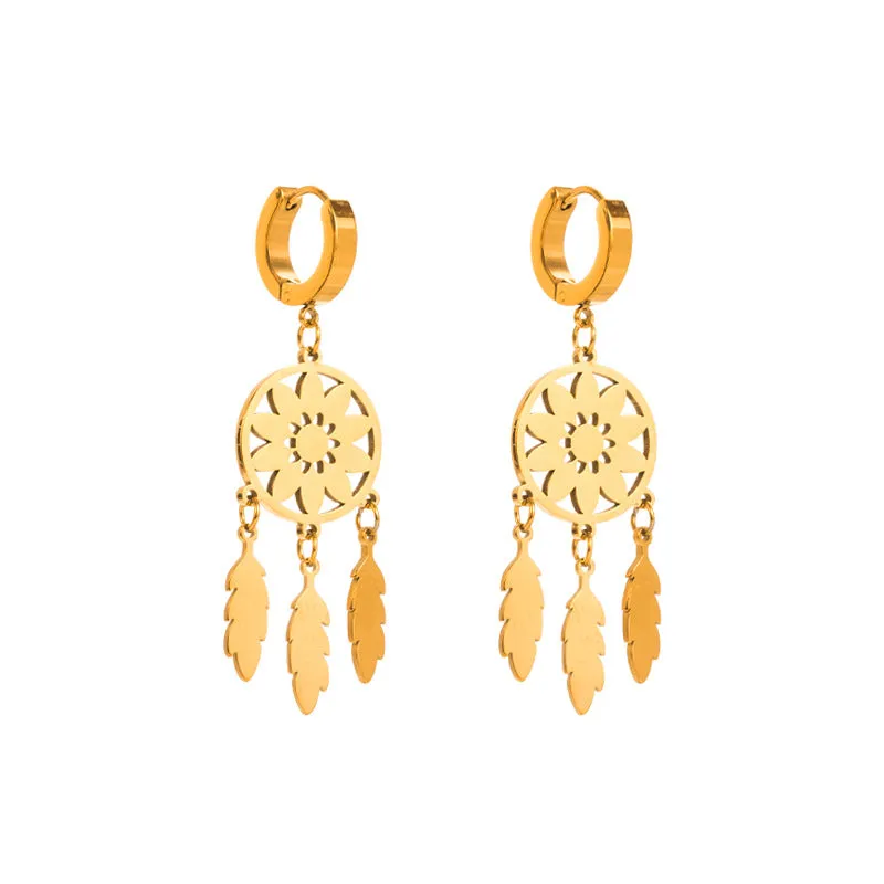 Wholesale Fashion Titanium Steel 18k Gold Dream Catcher Tassel All-match Oil Drop Eyes Stainless Steel Earrings
