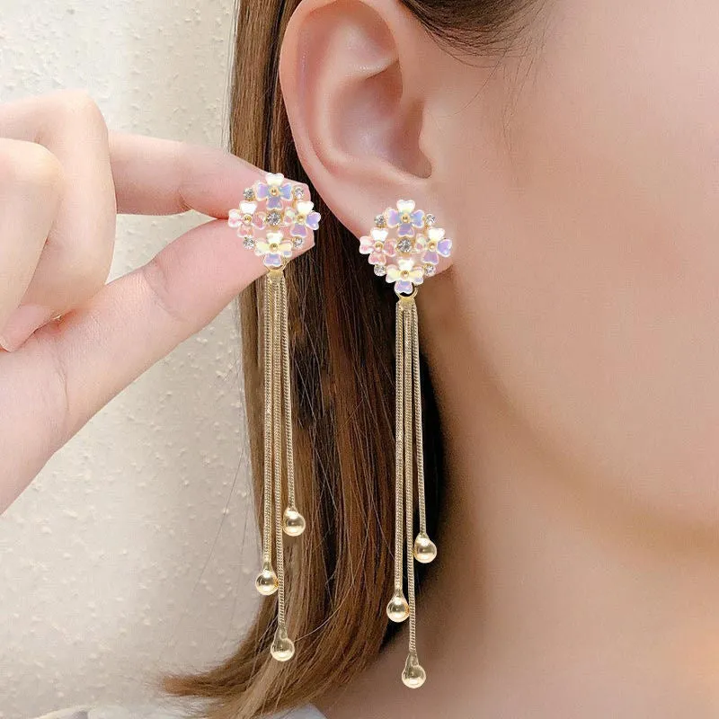 Wholesale Flower Temperament Tassel Silver Needle Diamond Earrings