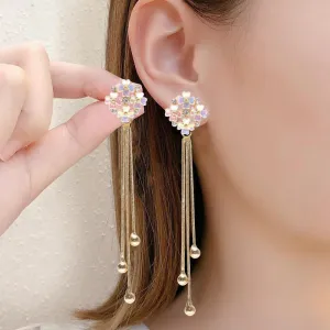 Wholesale Flower Temperament Tassel Silver Needle Diamond Earrings