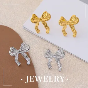 Wholesale French 18k Gold Stainless Steel Titanium Ribbon Bow Earrings