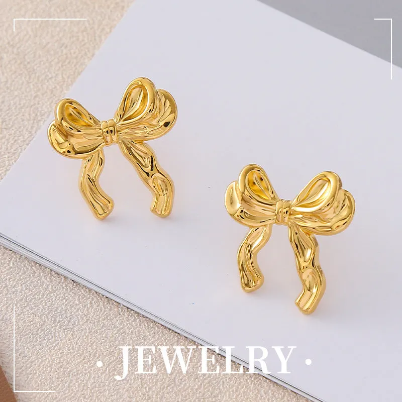 Wholesale French 18k Gold Stainless Steel Titanium Ribbon Bow Earrings