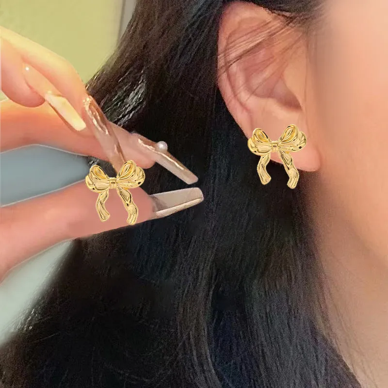 Wholesale French 18k Gold Stainless Steel Titanium Ribbon Bow Earrings