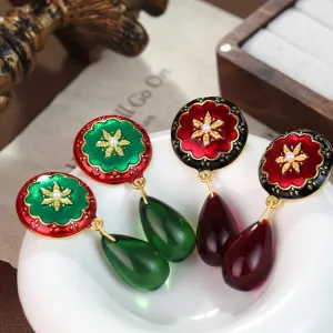 Wholesale French Medieval Style Red Oil Drop Retro Flower Earrings