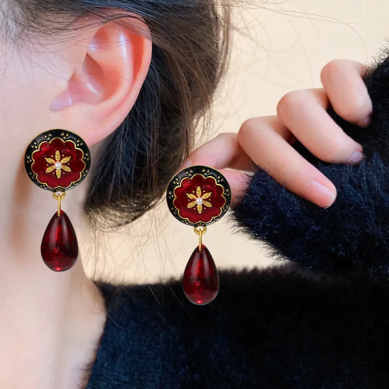 Wholesale French Medieval Style Red Oil Drop Retro Flower Earrings