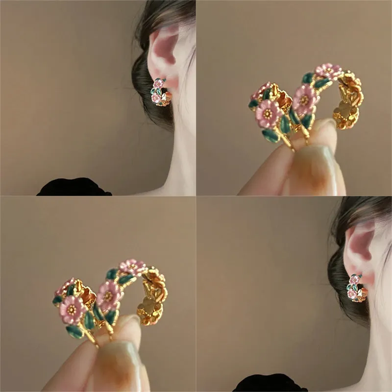 Wholesale French retro colored camellia enamel oil drop earrings fashionable temperament niche antique earrings