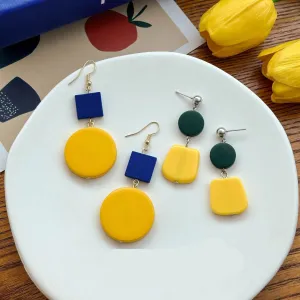 Wholesale fresh contrast color wooden earrings simple geometric round lemon yellow earrings square earrings