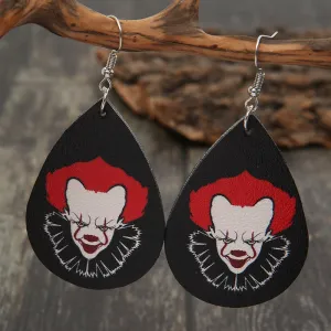 Wholesale Funny Red-haired Clown Horror Series Water Drop Leather Earrings