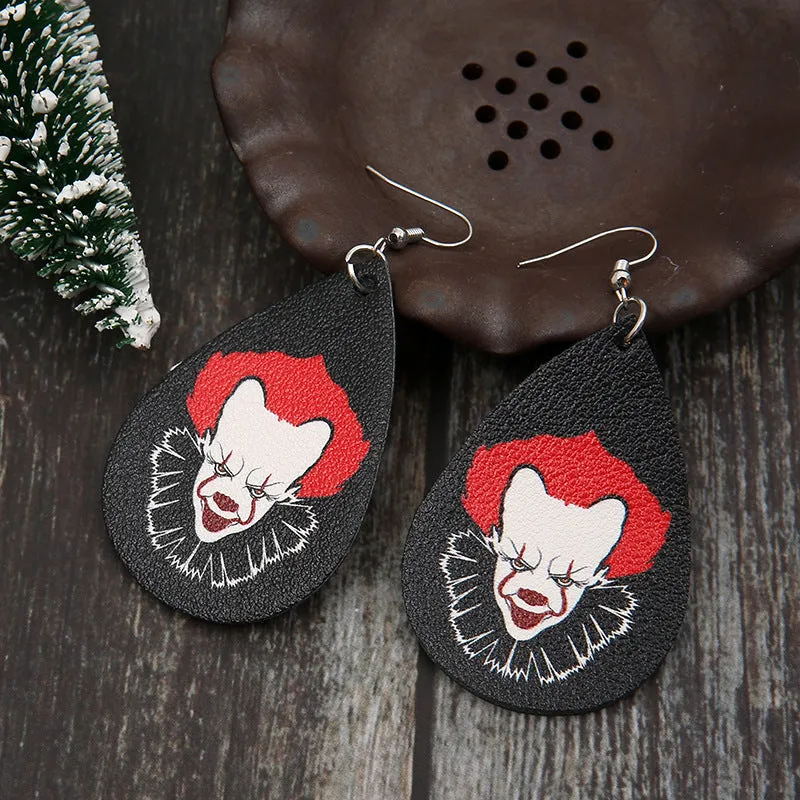 Wholesale Funny Red-haired Clown Horror Series Water Drop Leather Earrings