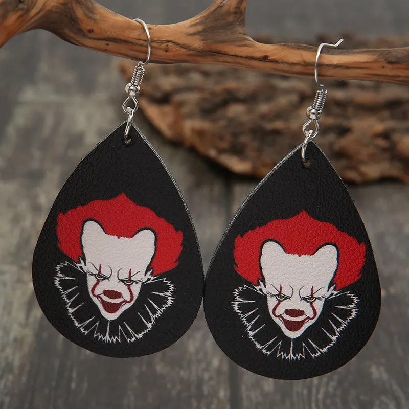 Wholesale Funny Red-haired Clown Horror Series Water Drop Leather Earrings
