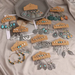 Wholesale Gem Hollow Half-circle Leaf Feather Vintage Earrings 6 Pairs Set