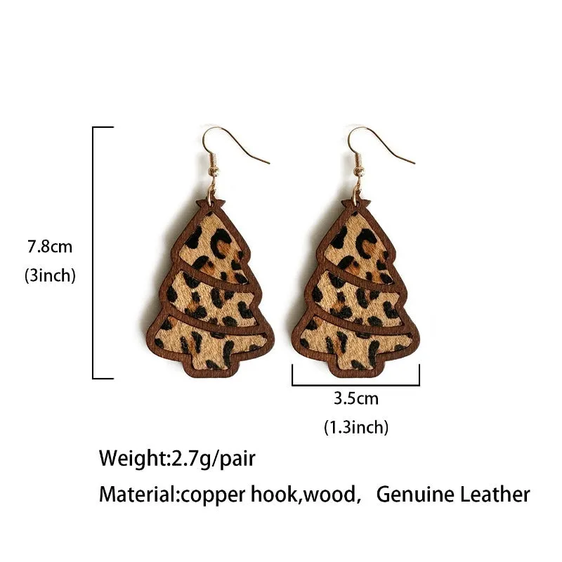 Wholesale Genuine Leather Christmas Tree Leopard Print Horse Hair Wood Inlay Cowhide Lightweight Western Earrings