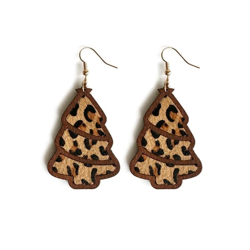 Wholesale Genuine Leather Christmas Tree Leopard Print Horse Hair Wood Inlay Cowhide Lightweight Western Earrings