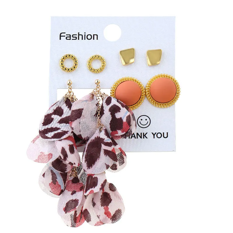 Wholesale Geometric Round Stud Fabric Tassel Earrings Set