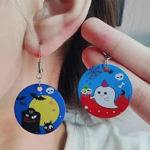 Wholesale Ghost Pumpkin Round Metal Colorful Cat Vintage Halloween Earrings